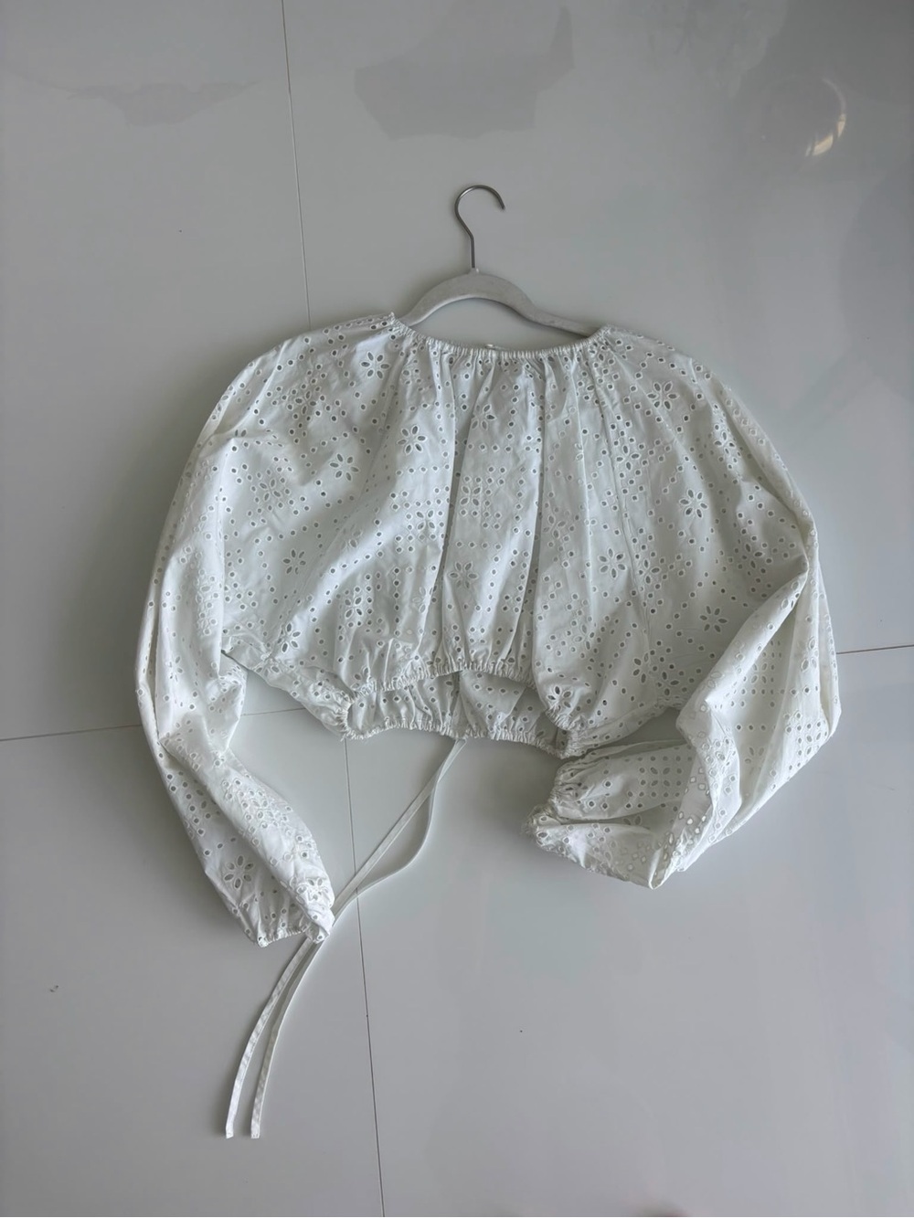 Matteau White Eyelet Cropped Peasant Blouse